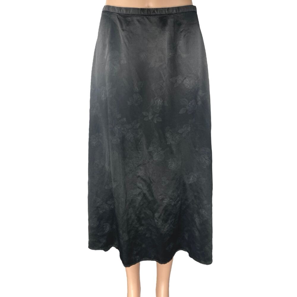 Bentley Women's Black Silky Satin Floral Zipper Midi A-Line Slip Skirt Size S